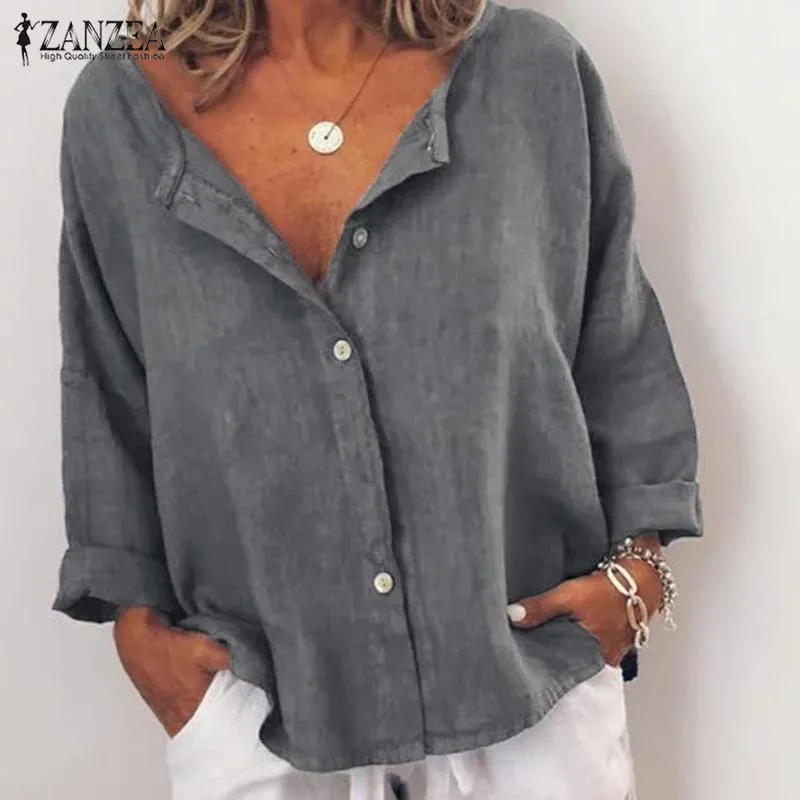 

Fashion Women Long Sleeve Buttons Blouse ZANZEA Autumn V Neck Cotton Linen Shirt Casual Female Solid Work Blusas Loose Party Top