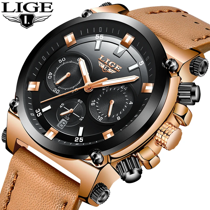 

LIGE men's watches top brand luxury quartz watch men leather military sports luminous watch waterproof clock Relogio Masculino