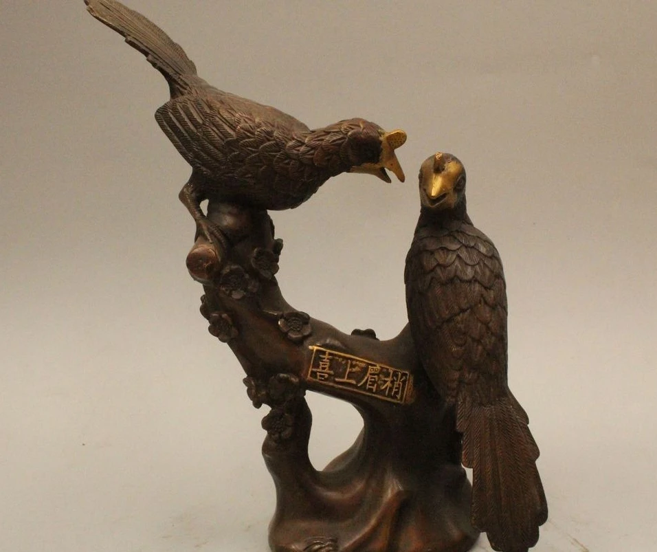 

10" Chinese Fengshui Bronze Magpie Two Bird spouse Play plum blossom Statue scul