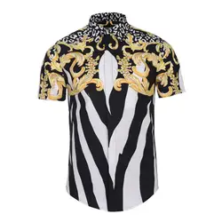 2018 Новая летняя Мужская винтажная полосатая печать с коротким рукавом пляжная рубашка модная мужская уличная одежда с отложным воротником