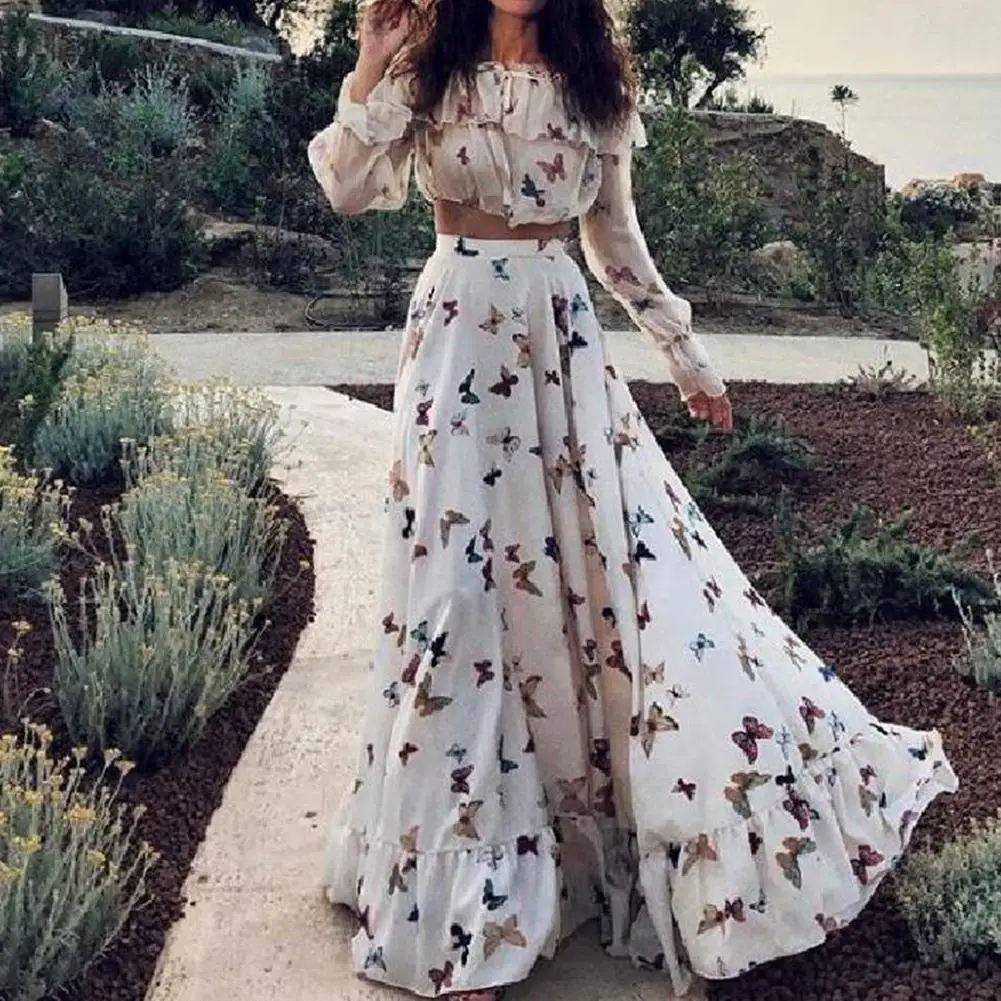 2019 New Yfashion Summer Ladies 2pcs/set Butterfly Print Bohemia Style Casual Large Hem Beach Skirt + Tops Vestidos | Женская одежда