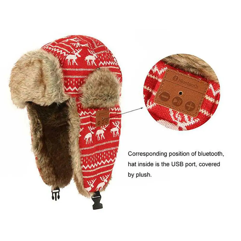 5,0 Bluetooth шапки-бомберы для русской зимы для мужчин и женщин, хлопковая теплая шапка, меховая Толстая шапка охотника, уличная зимняя шапка-ушанка - Цвет: Red Printed