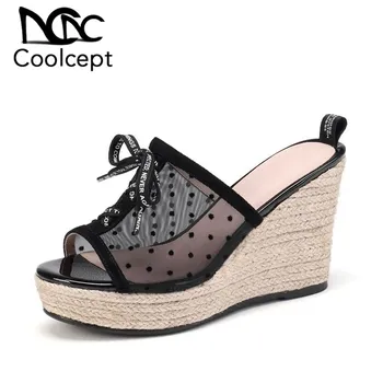 

CoolCept Women Wedges Sandals Real Leather Fashion Dot Platform Summer Shoes Women Peep Toe Lace Up Bowknot Footwear Size 34-39