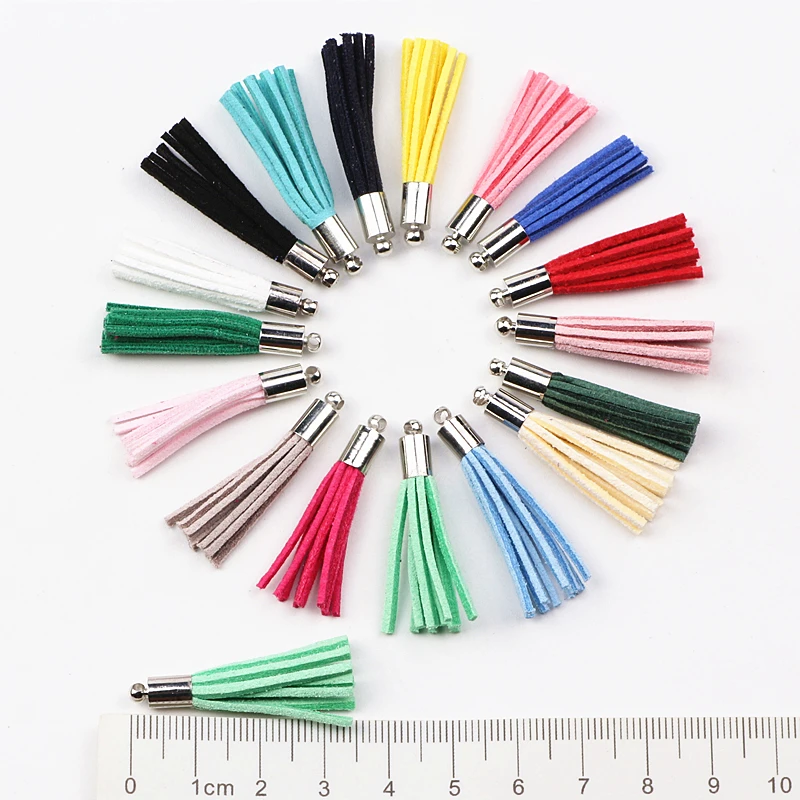 100pcs Mix Color 35mm Suede Tassel For Keychain Cellphone Straps Jewelry Charms Leather Tassels With Copper Caps Diy Accessories