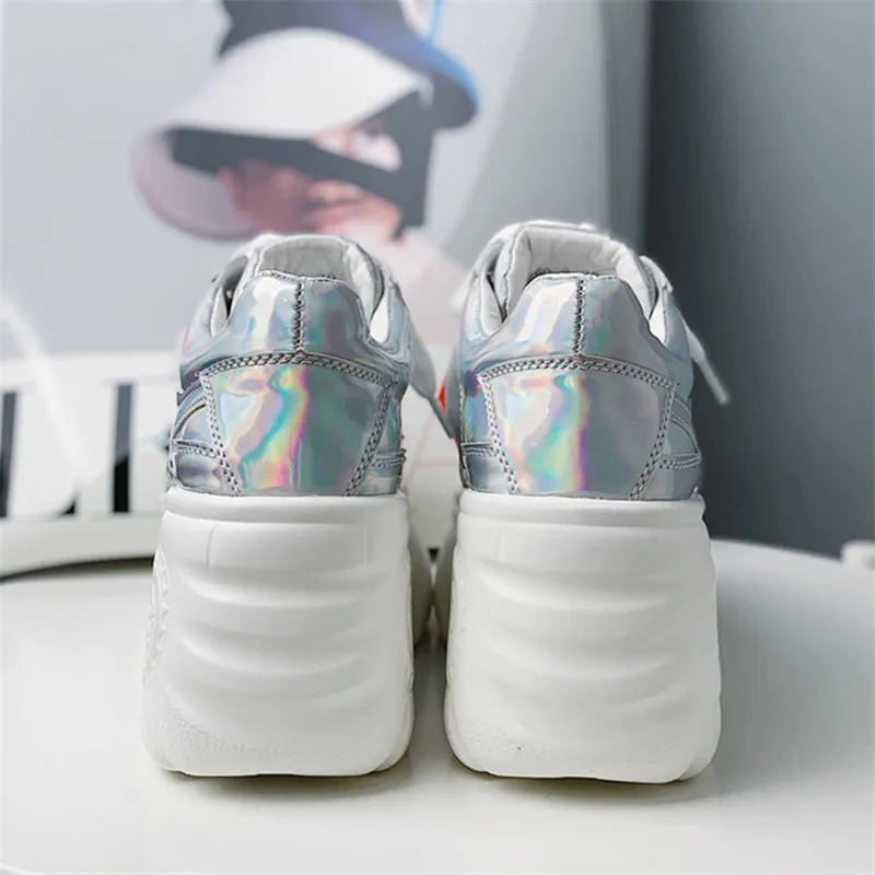 2019 Spring Women Pumps Beige Genuine Leather Girls High Heels Platform Sneaker Silver Laser Increased Casual Wedges Shoes Woman (2)