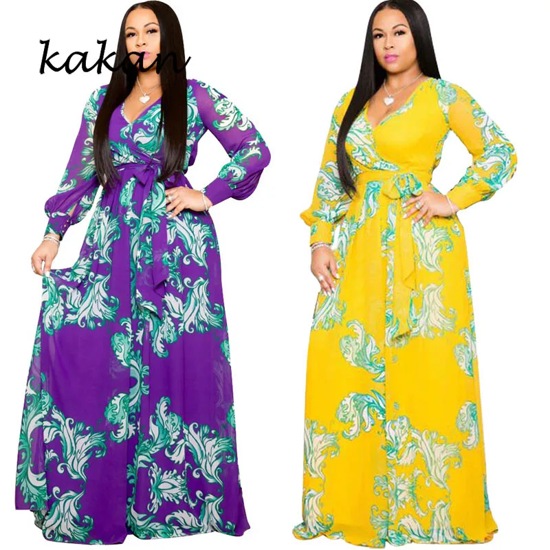 

Kakan autumn new chiffon big swing dress V-neck long-sleeved women's bohemian beach dress