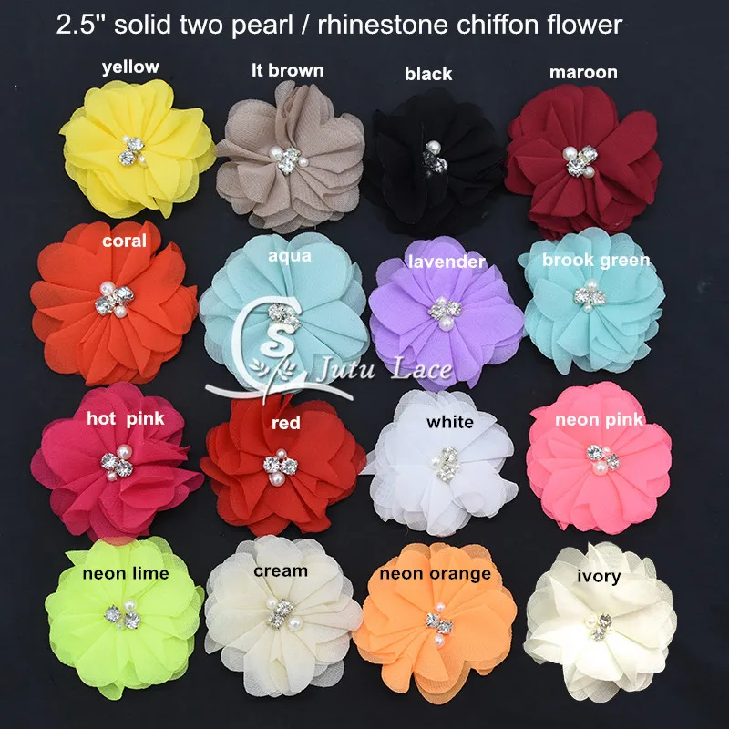 3 pcs ivory 2.5/" tulle folded flowers w// rhinestones /& pearls DIY headband