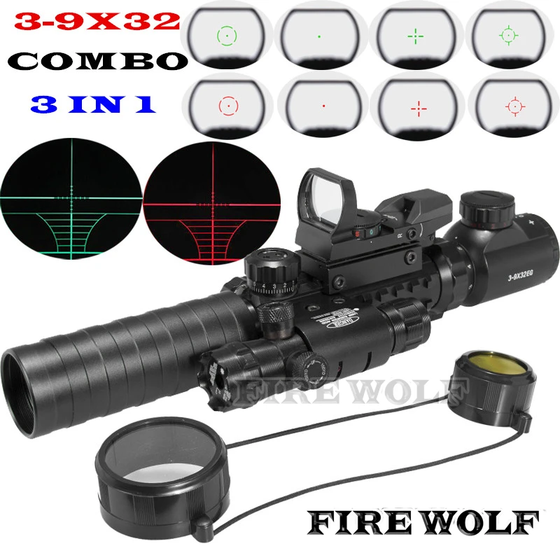 

3-9X32EG Riflescope with Long Range Red Dot Laser and Red/Green Dot Holographic Reflex Sight 3 in 1 Combo for Rifle and Airsoft