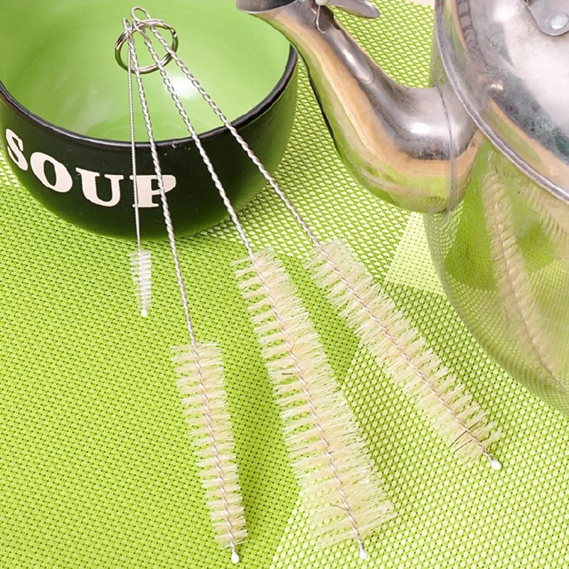 

4PCS Straw Washing Brush Cleaner Baby Milk Feeding Bottle Drink Water Cup Stainless Steel Handle Spiral Soft Hair Cleaning Tool