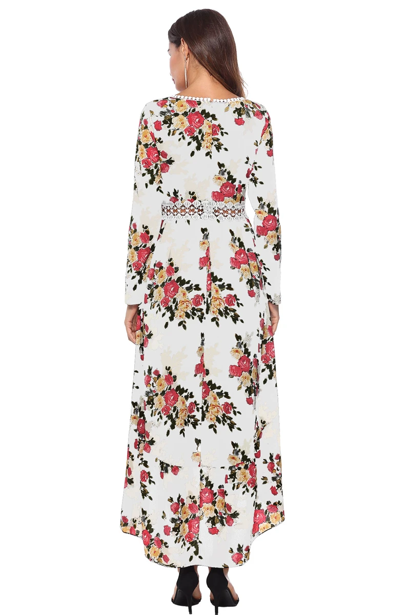 Floral Print Long Women Dress V-Neck Long Full Sleeve Spring Dress Sexy Hollow Out Waist Personality Western Style Gilr Clothes-XQ-08