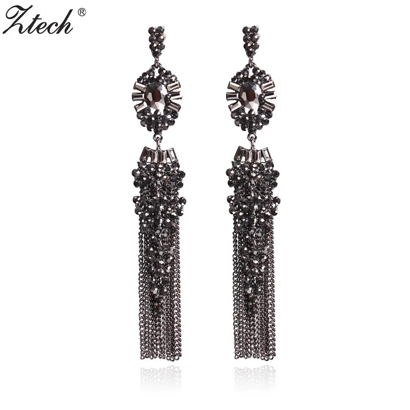 

Ztech Vintage Accessories Rhinestone Crystal Alloy Luxury Long Link Tassel Earrings For Women Pendientes Statement Earring