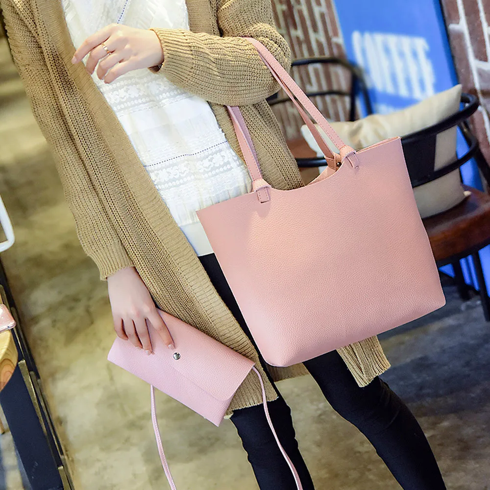 

2Pcs Women Solid Color Litchi Pattern Leather Handbag Shoulder Bag+Large Capacity Shoulder Bags Crossbody Bag Sac Cuir Femme#