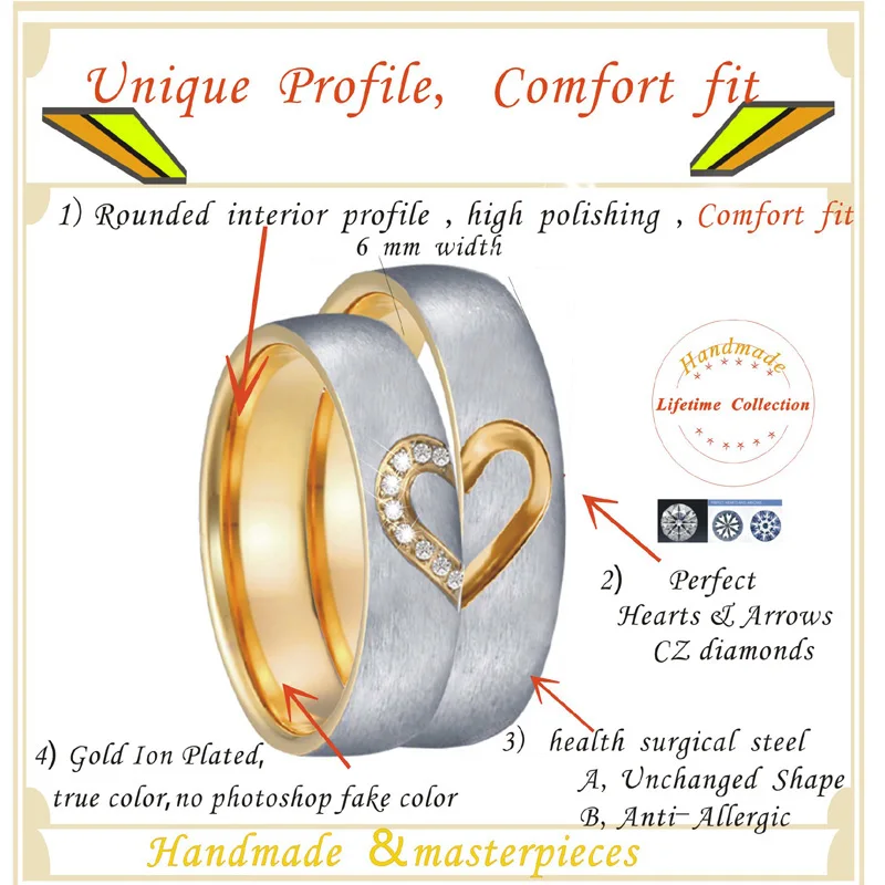 Black Silver Rose gold color Marriage Heart Anniversary Couple wedding ring jewelry men Engagement Rings for Women (8)