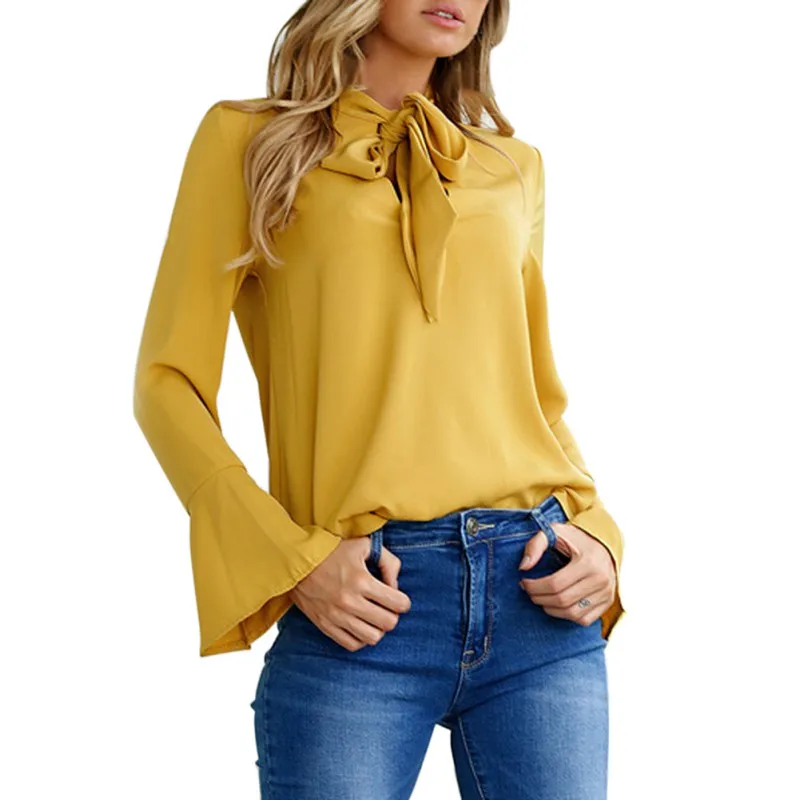 2017 Women's Fashion Yellow Tees Female Casual Long Sleeve V Neck ...