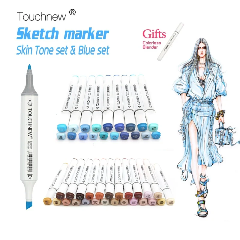 Touchnew 20/24/168 Colors Pen Skin Tone Marker Blue Set Dual Head