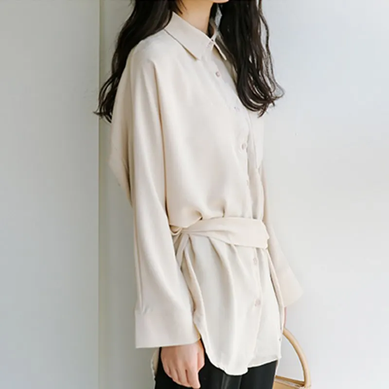 

HziriP 2018 New Cotton Spring Women Shirt Solid Sashes Turn-Down Collar Full Sleeve Vintage Soft Fashion Female Blouse Tops Slim