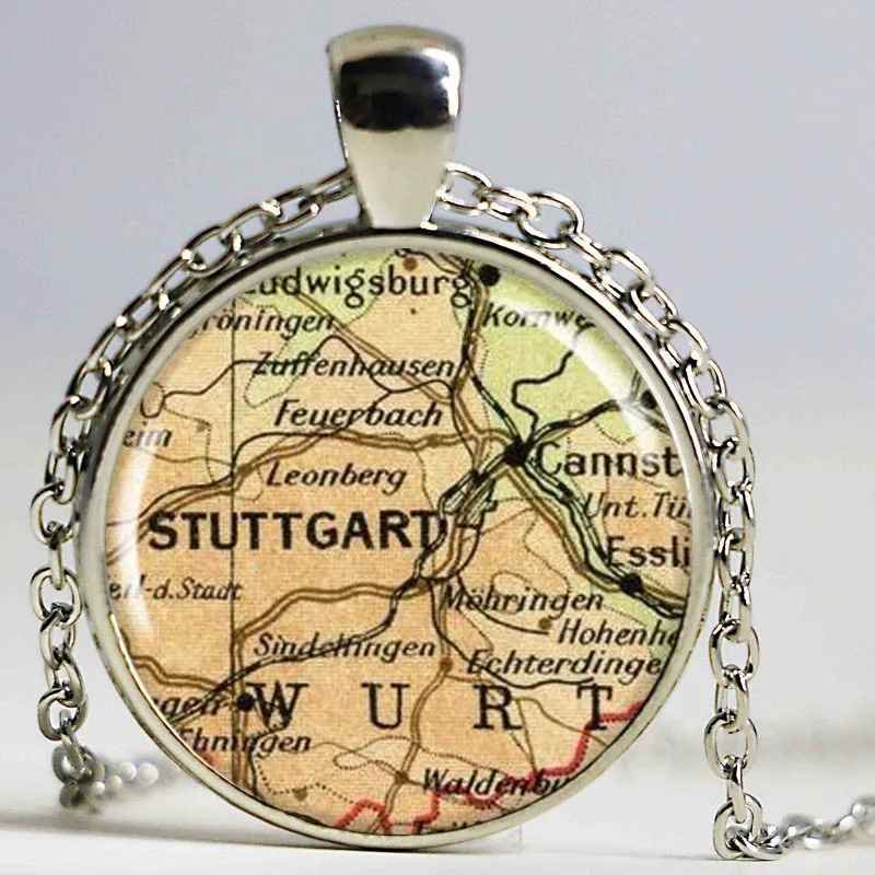 

Stuttgart Map Pendant, Resin Charm, Stuttgart Germany Map Jewelry, Picture Necklace, Round Silver,Map Charm