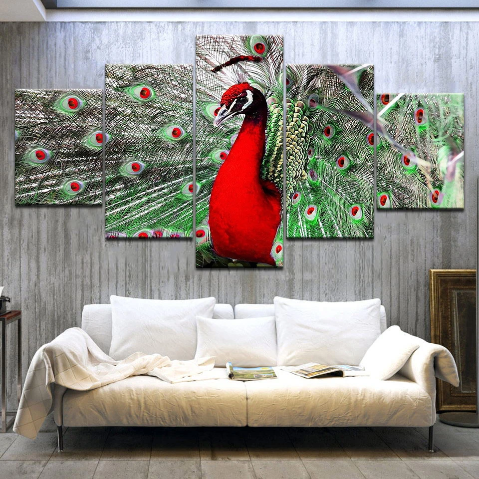 

5 Panel/pieces HD Print The red peacock opens the screen animal Print On Canvas Art Painting For home living room decoration