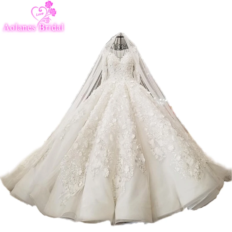 

Vintage Many 3d Flowers Long Sleeve Wedding Dress Lace Crystals Pearls Puffy China Bride Dresses Luxury Wedding Gowns Church