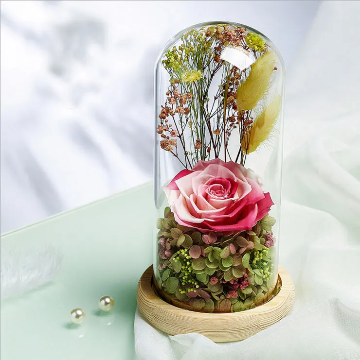 

9*20cm Gradient Flower Wooden Base Roses In Flask Rose Glass Flower Romantic Home Decor Valentine's Day Birthday March 8 Gifts