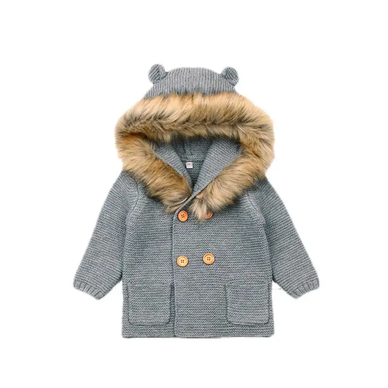 Зимние модные свитера для малышей, кардиганы, Осенние вязаные куртки с капюшоном для новорожденных, детская одежда с длинными рукавами и рисунком медведя - Цвет: Серый