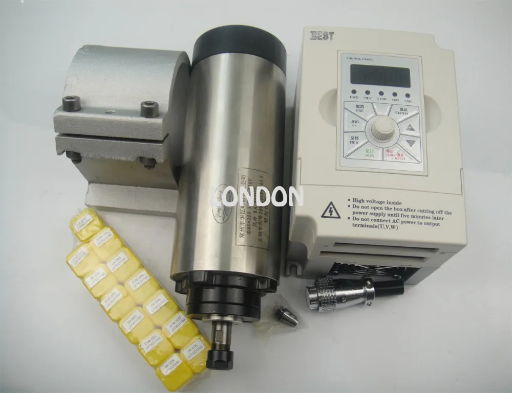 

1.5KW AC220V ER11 air cooled spindle + 13 pieces ER11 collet+ 1 piece 1.5kw inverter+1 spindle support