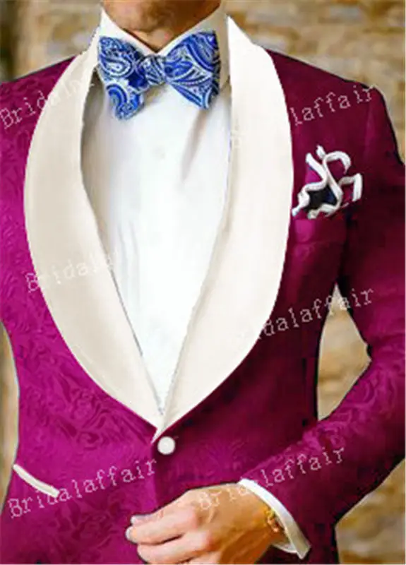 KUSON смокинг для жениха королевский синий жаккардовые блейзер мужской костюм комплект для свадьбы Вечерние Для мужчин костюмы 2 шт.(куртка+ цвета слоновой кости брюки - Цвет: Фуксия