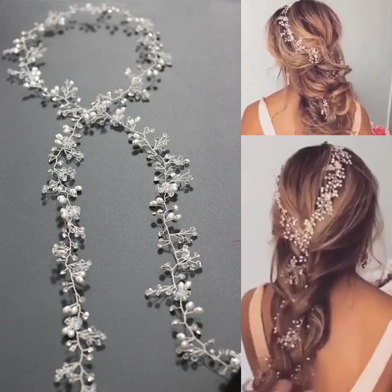 Ручная работа Cristal Cabelo de Noiva Flor de Strass Cabelo Joias Prom Mantilha Casamento Mulheres Meninas Acessorios Para o Cabelo - Окраска металла: 100CM