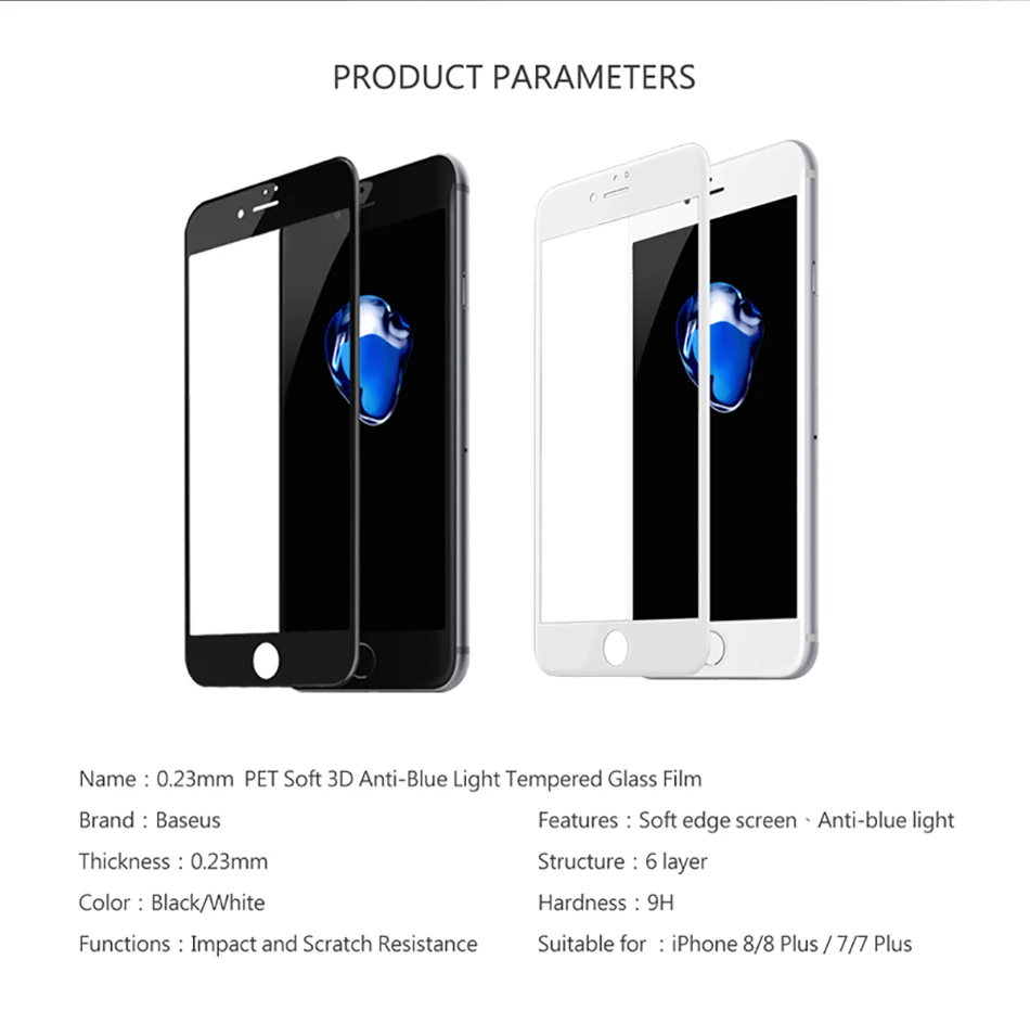 Закаленное стекло Baseus для iPhone 8 8 Plus, ультратонкое защитное стекло 9H для iPhone 7, 7 Plus, пленка с полным покрытием