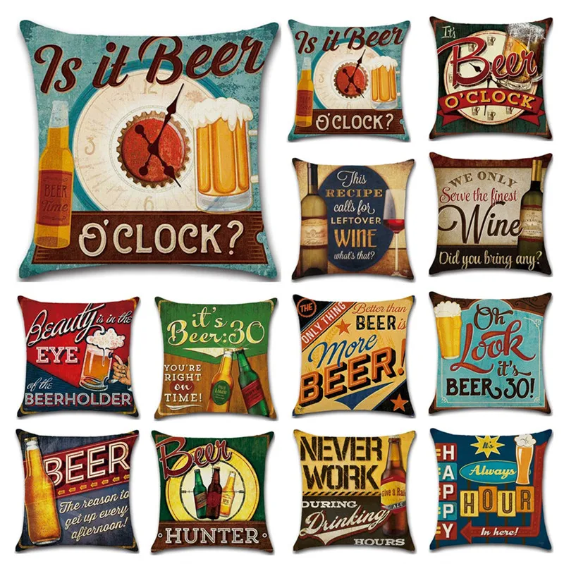 

Retro Beer Pattern Cushion Cover Home Decorative Pillows Cover Sofa Car Cojines Bar Home Decoration Vintage Linen Pillow Case