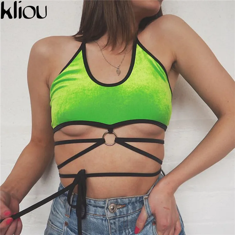 

Kliou new bandage design women crop camis tops 2018 fashion velour green color striped strapless women ribbons camis tank tops