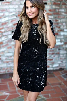

2019 Summer O-Neck Short Sleeve Gold Sequined Party Dresses Women Casual Vestido Sexy Split Mini Club Dress