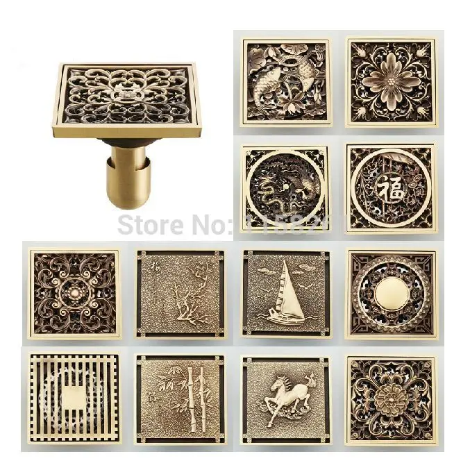 Drains 10*10cm Antique Brass Shower Floor Drain Cover Euro Art Carved Bathroom Deodorant Drain Strainer Waste Grate HJ-8507S