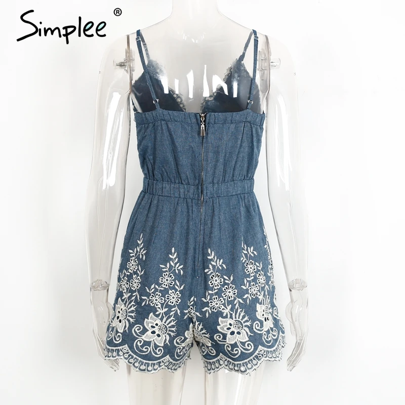 Simplee Embroidery v neck summer jumpsuit romper Strap elegant jumpsuit women floral playsuit 2017 sexy zipper short overalls 20