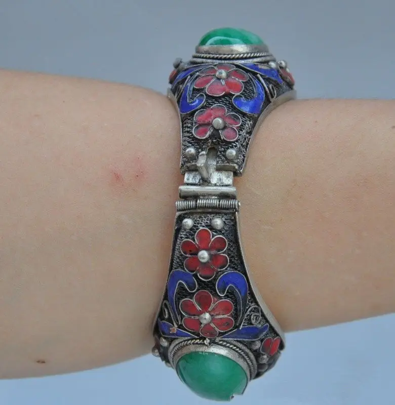 

fast shipping>China's Tibet dynasty palace cloisonne silver inlaid jade bracelet, too NR999