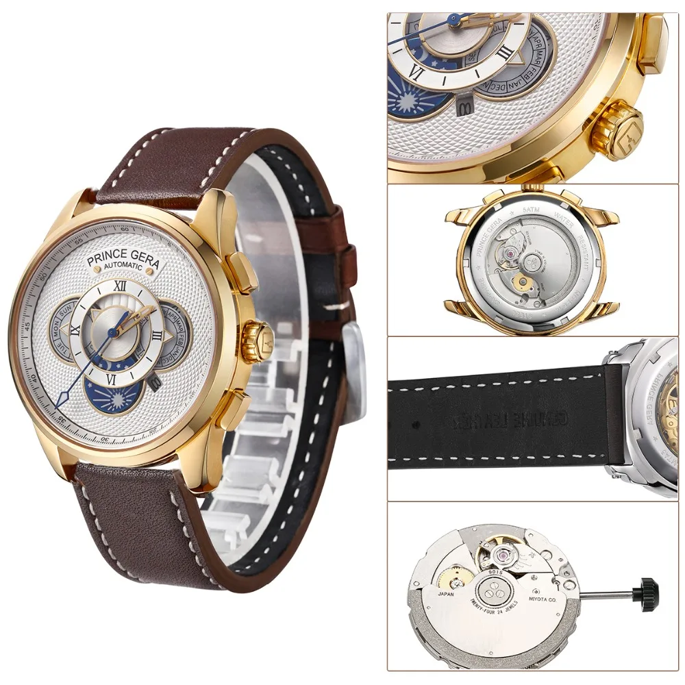 Роскошные автоматические часы PRINCE GERA 18 K золотые корпус четыре циферблата