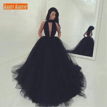 

Sexy Black Tulle Princess Evening Gowns Halter Neck 2020 Backless Evening Dresses Long Ball Gown Floor Length Women Formal Dress
