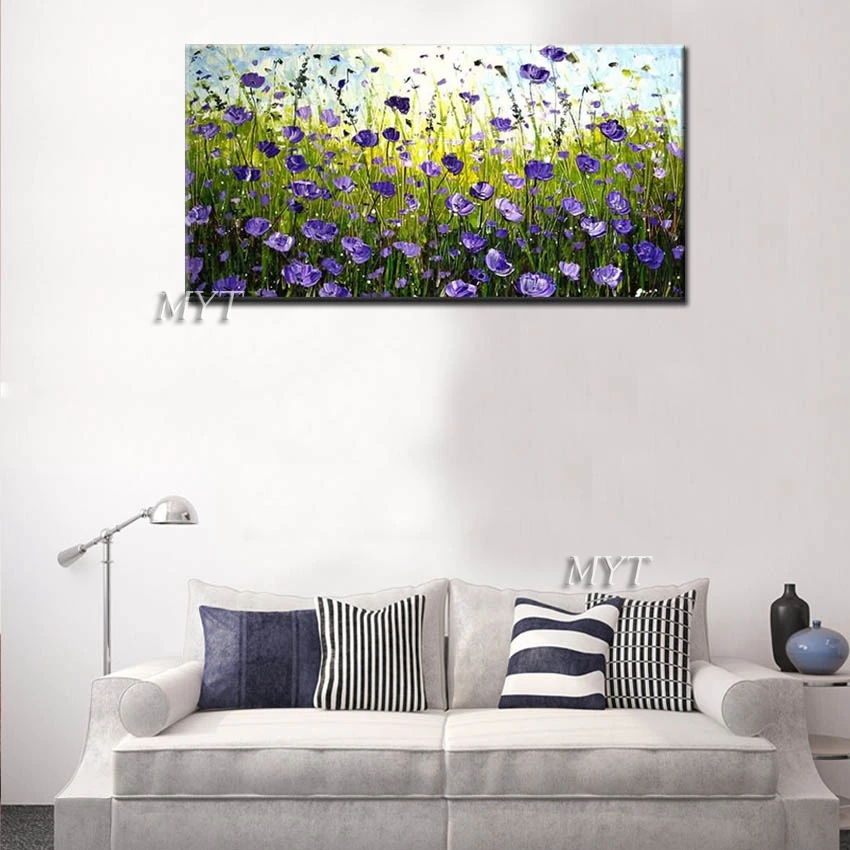 

100% hand-painted, contemporary abstract purple flowers, oil painting art murals, living room decoration.