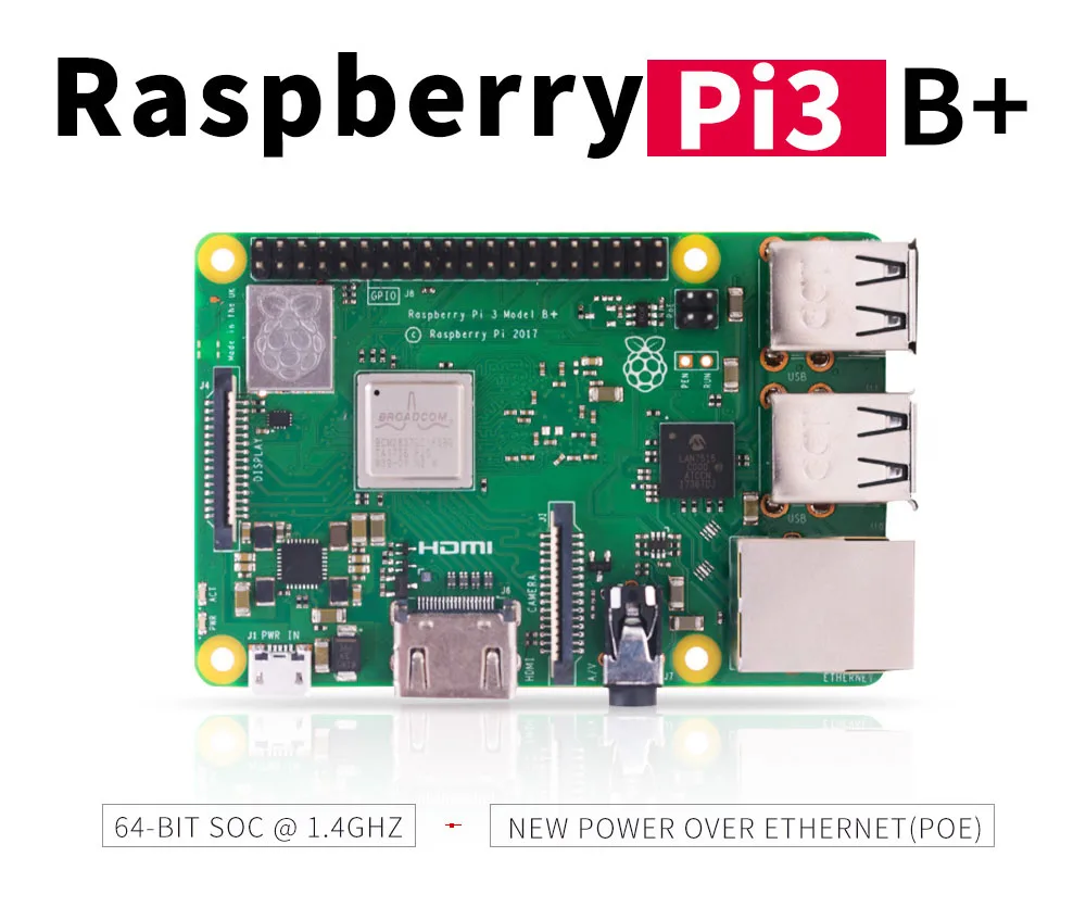 Raspberry Pi 3 Model B+(заглушка) Встроенный Broadcom 1,4 ГГц quad-core 64-разрядный процессор Wi-Fi, Bluetooth и Gigabit Ethernet через USB