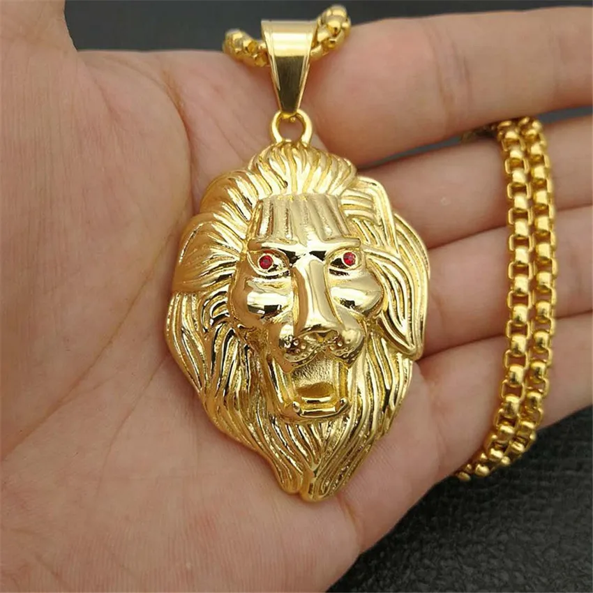 

Hiphop Lion Head Necklaces Pendants For Men Gold Color Stainless Steel Box Chain Male Necklace Jewelry