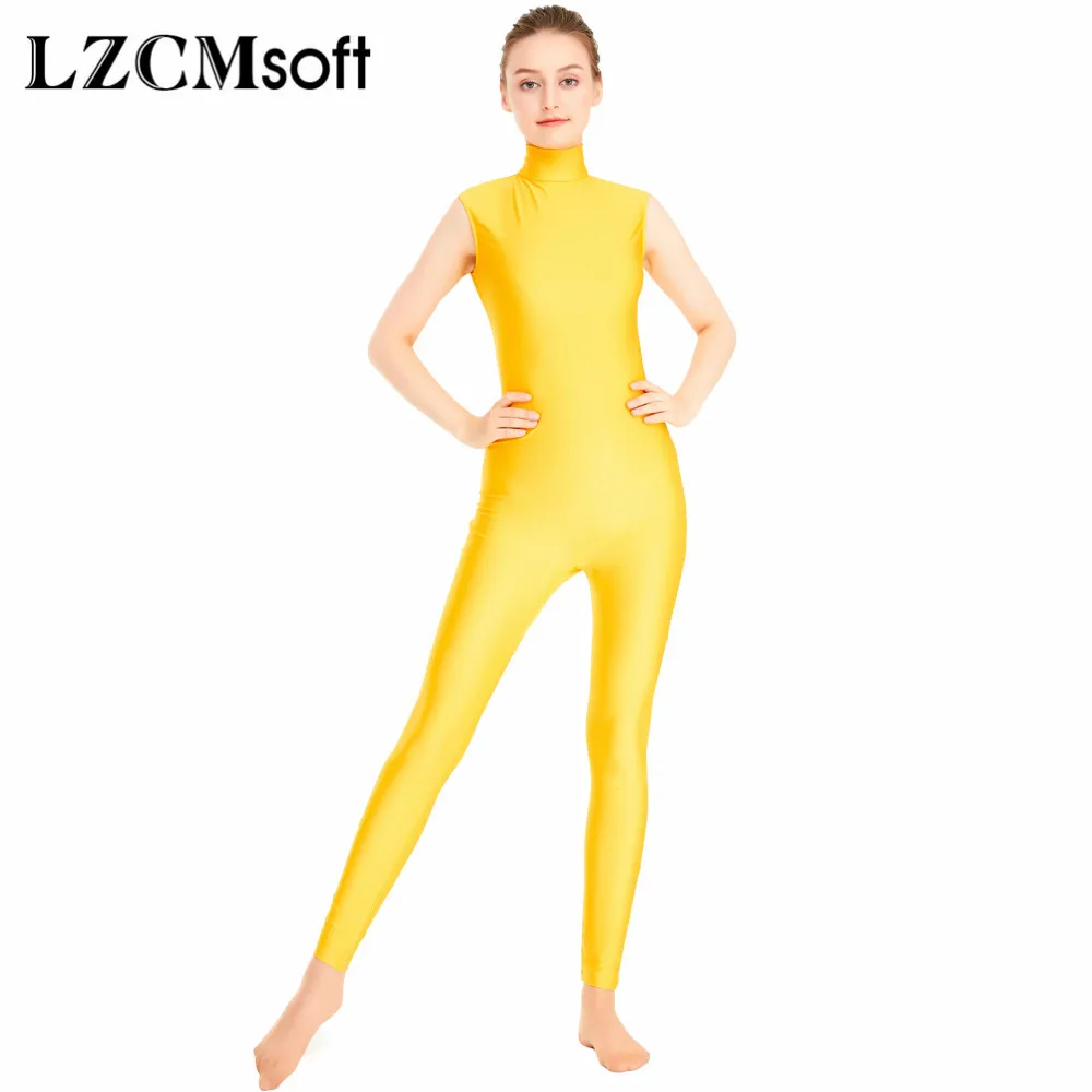 

LZCMsoft Women Sexy Sleeveless Unitards High Neck Spandex Lycra Yoga Unitard Bodysuit Dancewear Yellow