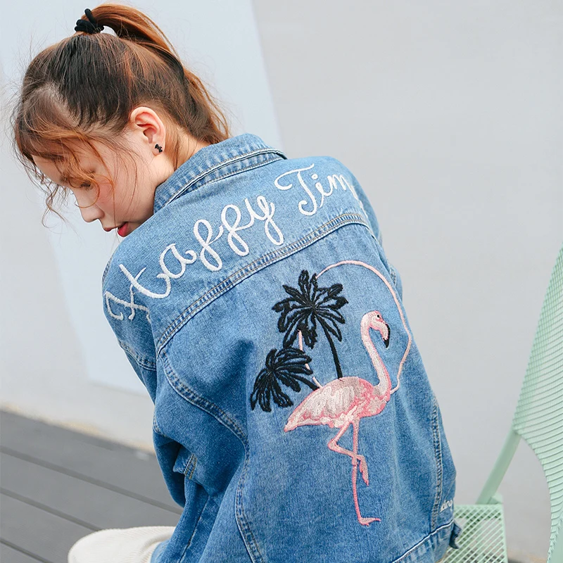 

Bird Embroidered Letter Denim Blue Simple Fashion Vintage Casual All Match 2018 Winter New Long Sleeve Female Jackets