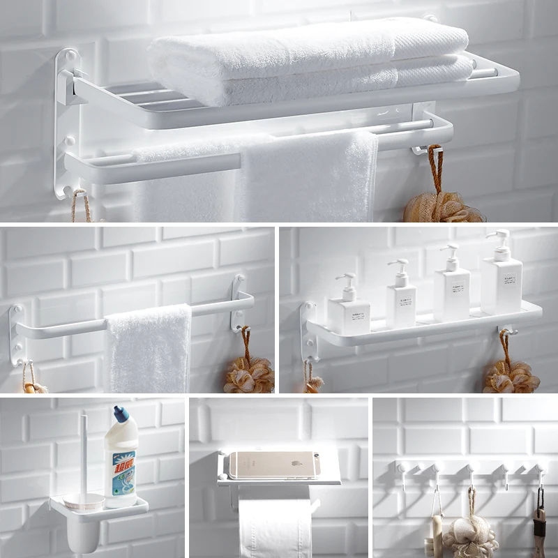 Günstige Nordic raum aluminium handtuch rack perforierte weiß bad rack wc handtuch rack hardware anhänger set