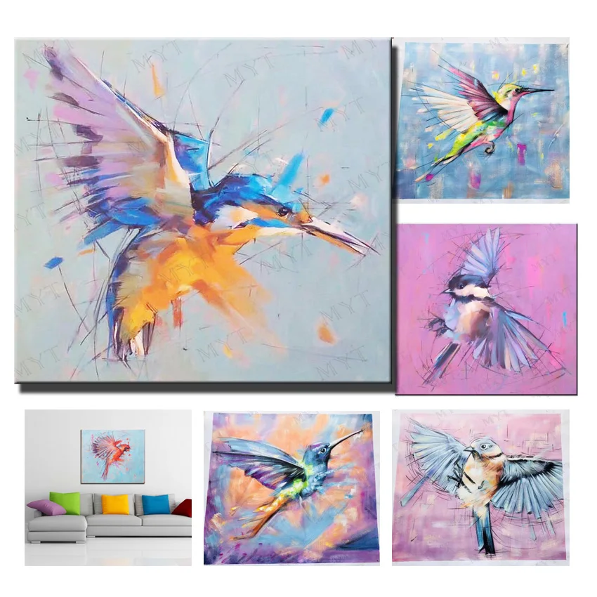 

Large 100% hand-painted blue hummingbird modern oil painting on the wall of the art wall painting of the restaurant free deliver