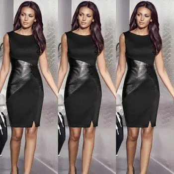 

Fashion Summer Women Lady PU Bandage Bodycon Pencil Dresses Sleeveless Patchwork High Waist Evening Party Club Short Mini Dress