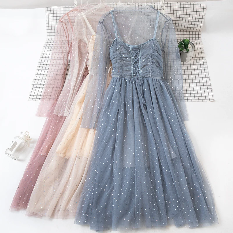 

2019 Fashion Spring Women Sequined Dress Long Sleeve Lace Dresses Summer Two Piece Mesh Dress Girl Ball Gown Dress Vestidos W740