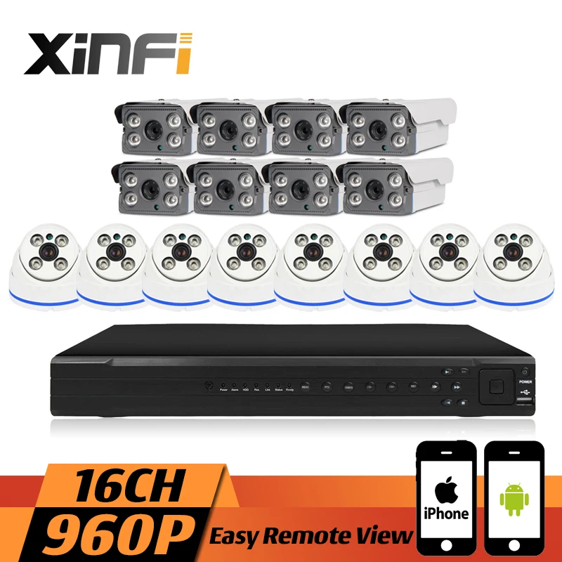  XINFI 16CH Surveillance System Indoor&Outdoor 8 dome&8 bullet 1080P NVR 960P IP cameras HD Home Security Camera System CCTV kit 