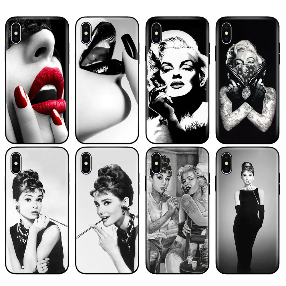 

Black tpu case for iphone 5 5s se 6 6s 7 8 plus x 10 case silicone cover for iphone XR XS MAX case Audrey Hepburn Marilyn Monroe