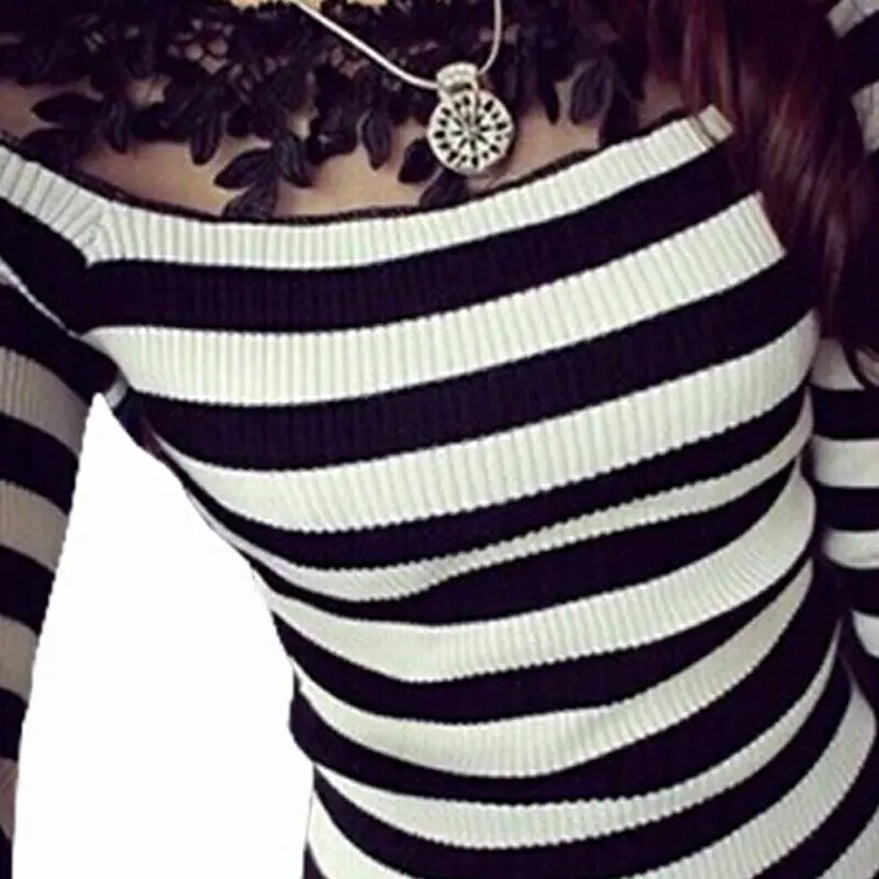 

Black White Striped Blouse Shirts Knitted Women Tops Fashion 2018 Elegant Lace Embroidery Long Sleeve Knitwear Female