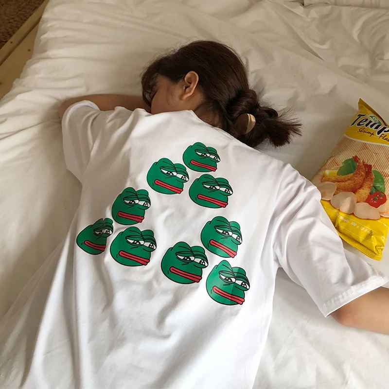 

2019 Summer T-shirt Women Korean Ulzzang Harajuku Spoof Frog Print Short Sleeve T-shirts Funny Tshirt